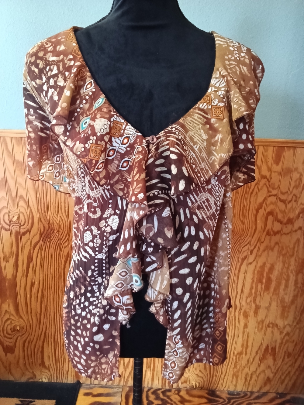 Style & Co. Brown Printed Ruffled V-Neck Blouse